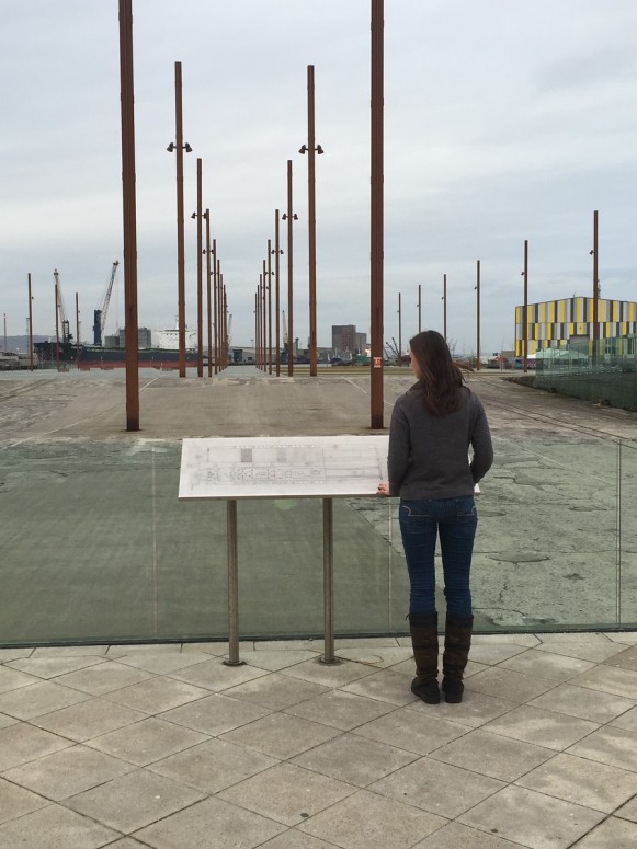 Allison Harpole standing at the site where the Titanic was built.