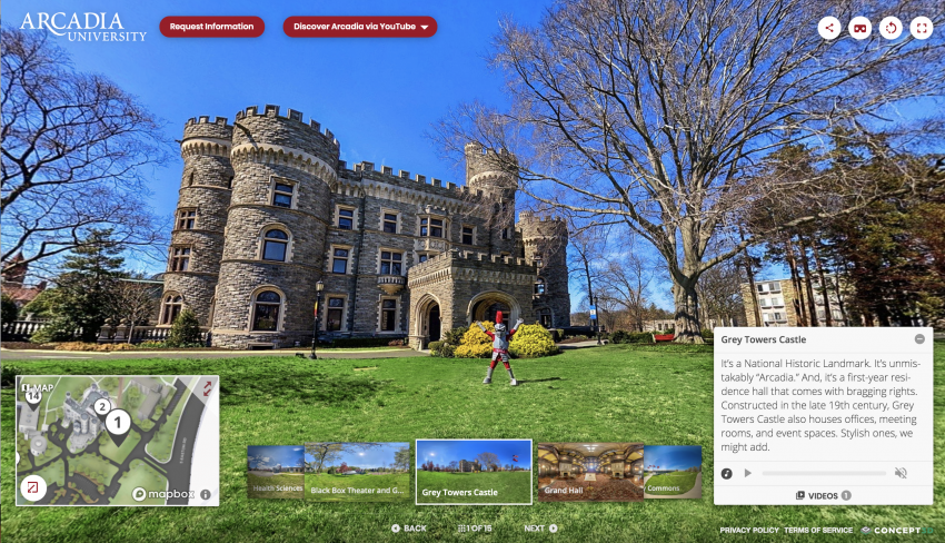 Screenshot of the Campus 360 tour at castle with Knight in front.