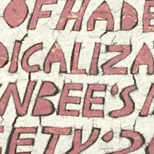 Concrete that has "House of Hades The Radicalization of Toynbee's Idea in Society'2015" painted on it in red