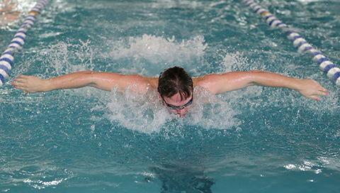 A male swimmer swims the butterfly