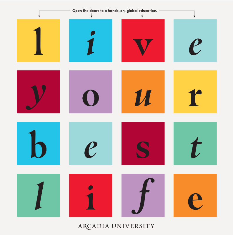 A graphic design poster with color boxes surrounding each letter in a phrase saying "live your best life."