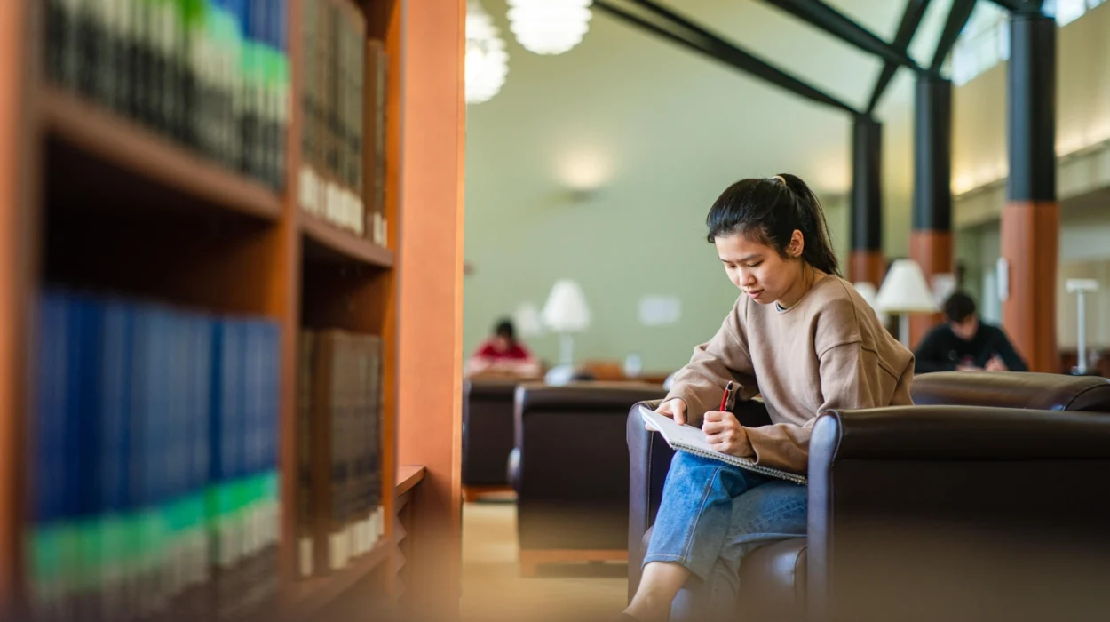 A graduate student writing notes in her notebook while sitting in the library. Two students are working at desks in the background.