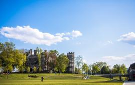 The landscape of Arcadia University and the catle towers on a sunny summer day.