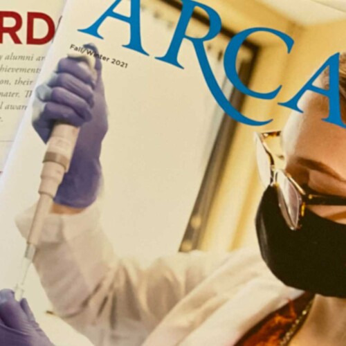 Snapshot of the Fall Issue of the Arcadia Magazine shows a student in googles and mask using a dropper and vial in a lab