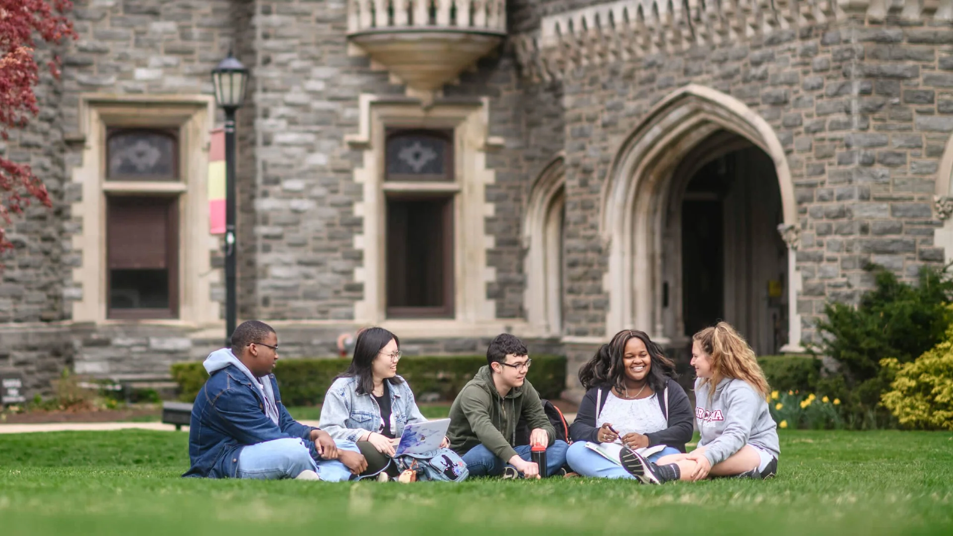 a diverse group of students sit in the grass outside of Grey Castle
