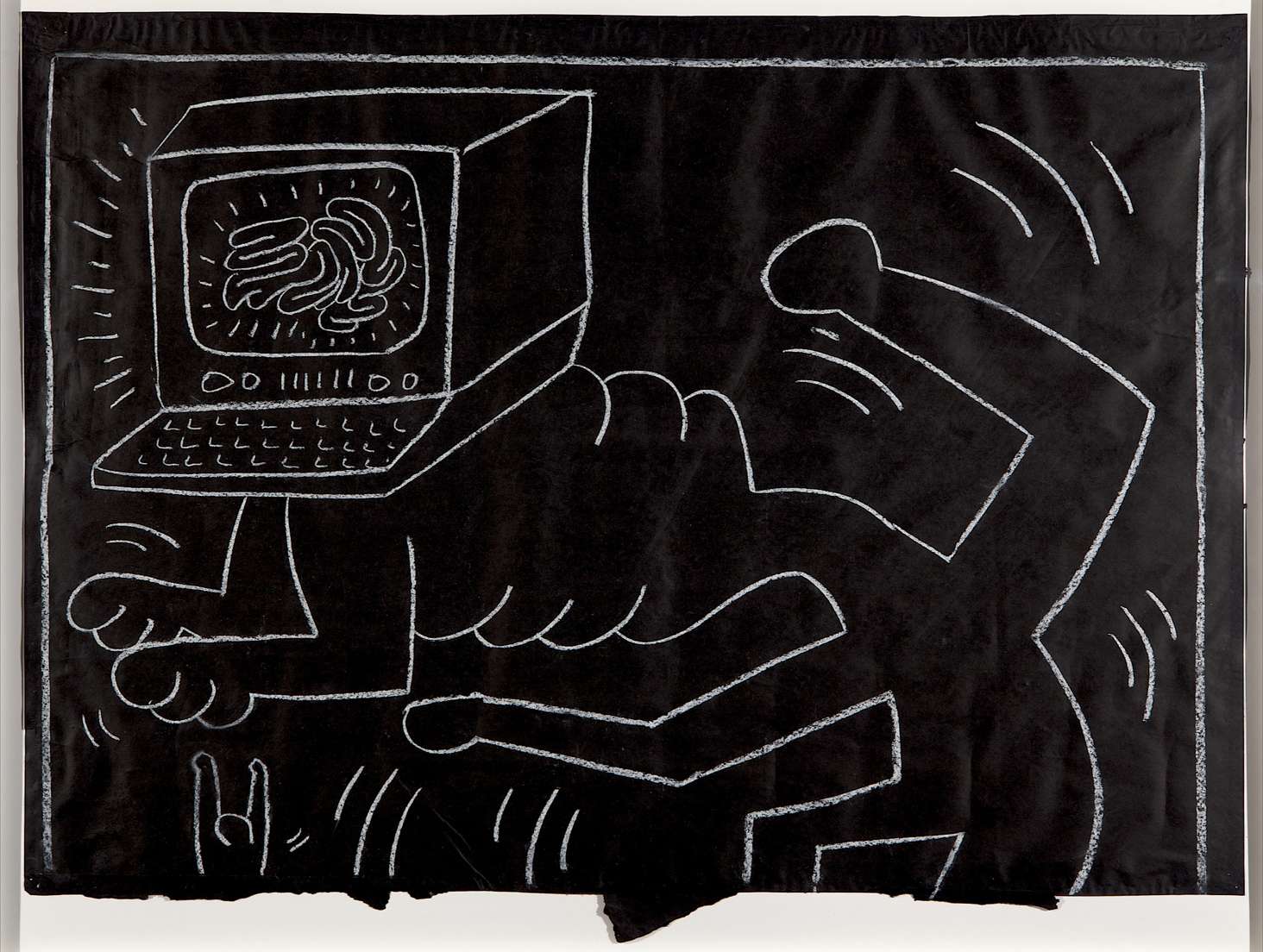 Untitled (computer head), ca. 1980 - 1983, chalk on black paper, 34.5” x 45”Collection of Larry WarshKeith Haring artwork © Keith Haring Foundation. Photo credit: Aaron Igler, Greenhouse Media.