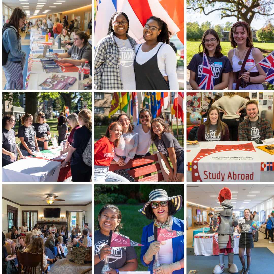 9 pictures of students, staff, study abroad mentors at the study abroad fair over the years - lots of international flags and color and students having fun