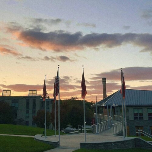 Flags on campus in between the castle and commons.