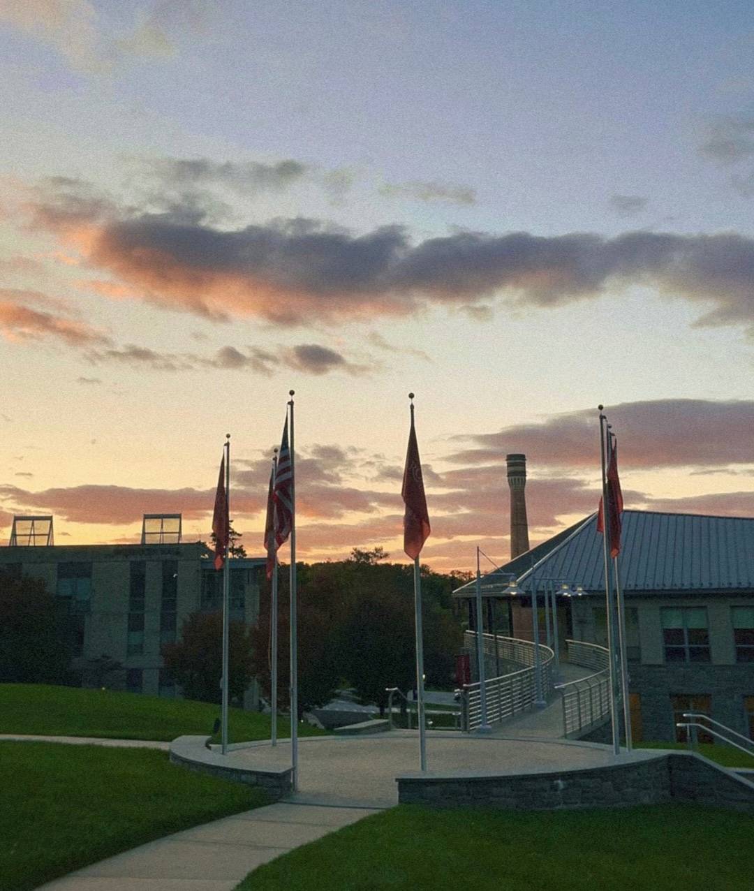 Flags on campus in between the castle and commons.