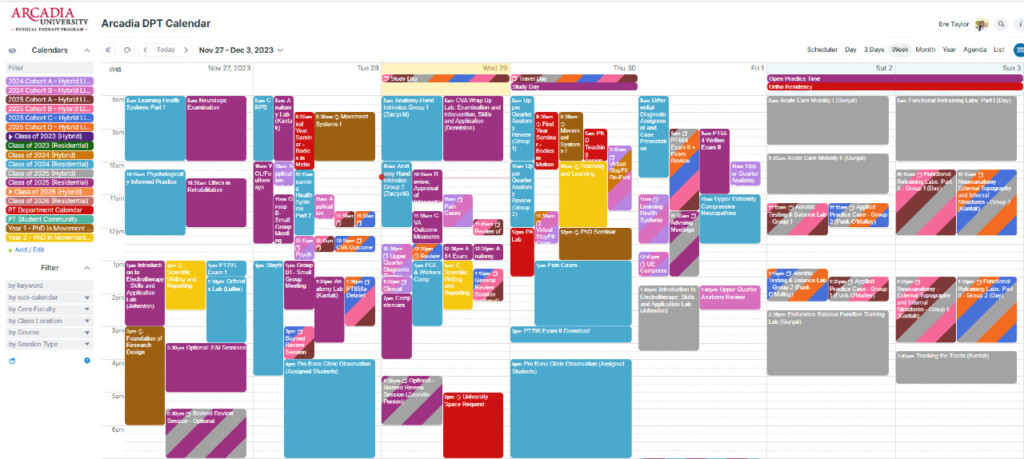 The calendar for Arcadia's DPT program.