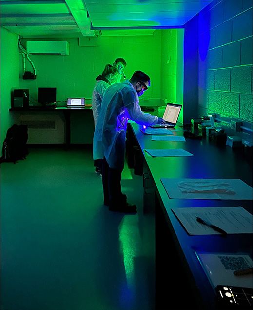 Students do research work in a dark green and blue lighted testing room with Forensics.