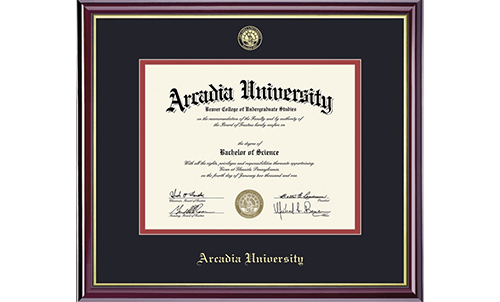 A picture-framed Arcadia University diploma