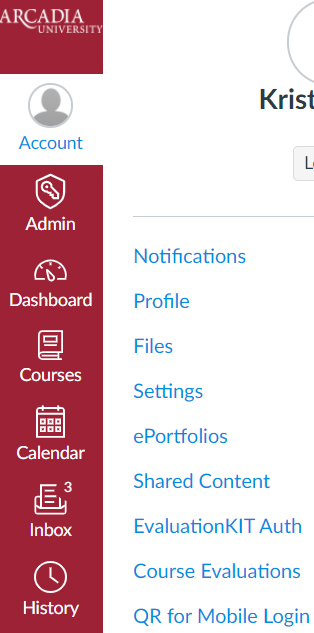 Illustration showing how to access your course evaluations in Canvas. Select ‘Account’, then select ‘Course Evaluations.’