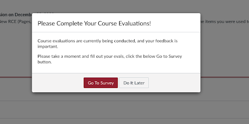 A screen shot show how to accessing student course surveys through Canvas.