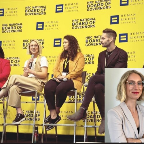 Headshot of Chantel with shoulder-length blonde hair and glasses. She is also sitting among a panel for the Human Rights Campaign