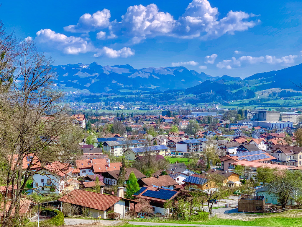 aerial photo f Bavaria with little houses, farmland and mountains in Bavaria Germany