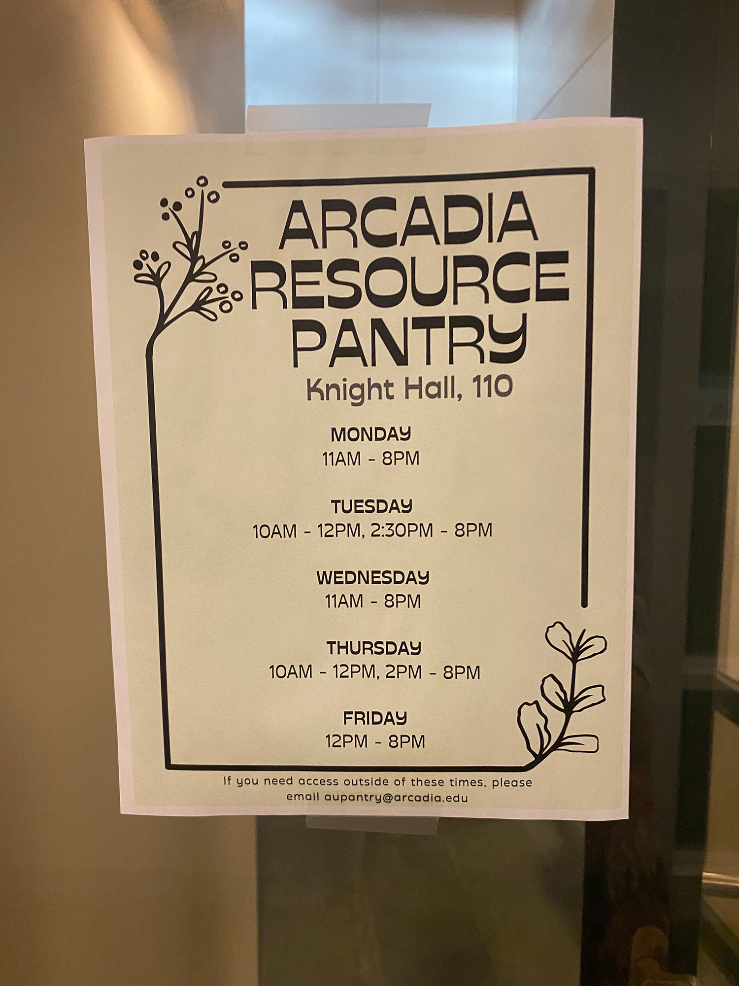 Arcadia's Resource Pantry hours.