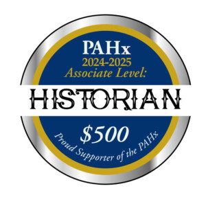 A navy-silver-gold logo for PA Hx Associate Level: Historian $500 Proud Supporter of the PAHx