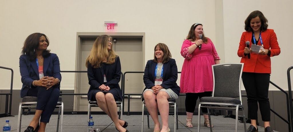 Rashmi Radhakrishnan, Joan Singleton, and Bridget Miller present on a panel, Aug. 2024