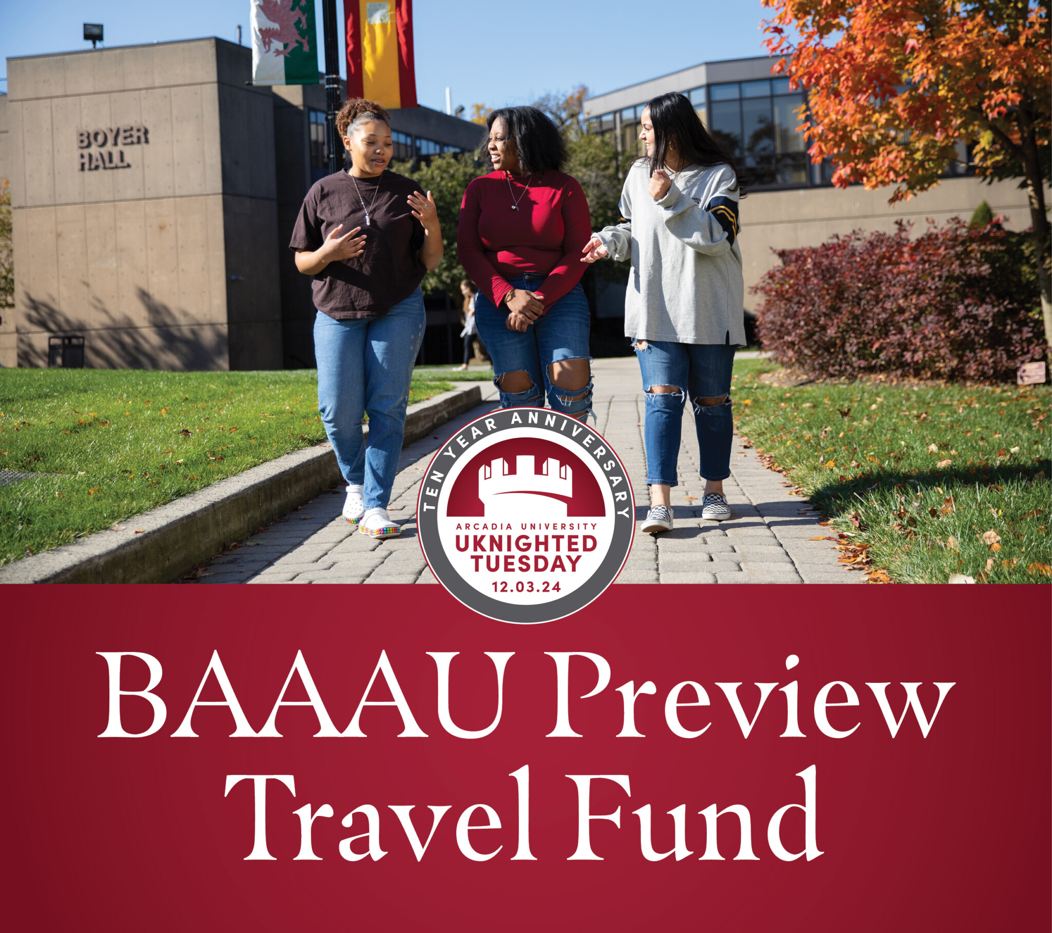 The UKnightedTuesday '24 BAAAU fund has students three students walking on a paver sidewalk.