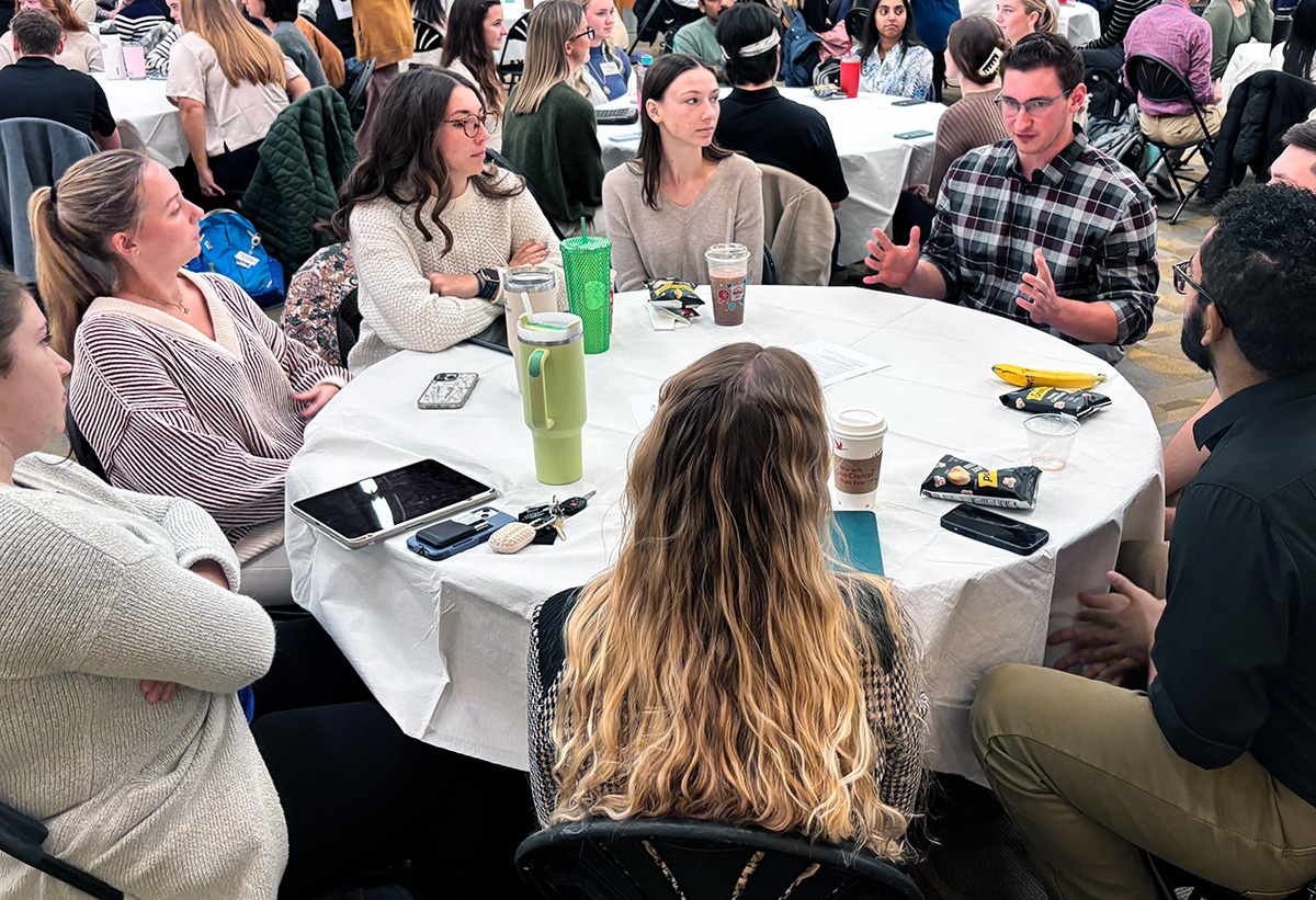 Students gathered in small groups throughout the day to share their thoughts with those in other programs