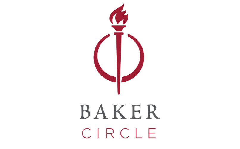 University Advancements Baker Circle logo has a torch and cirle in a burgandy red color.