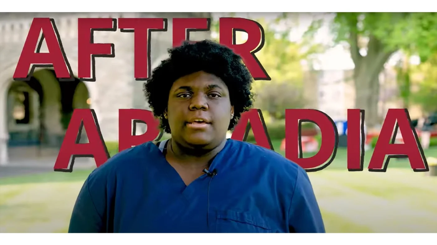 The words "After Arcadia" and a backdrop of the campus frame an undergraduate student.