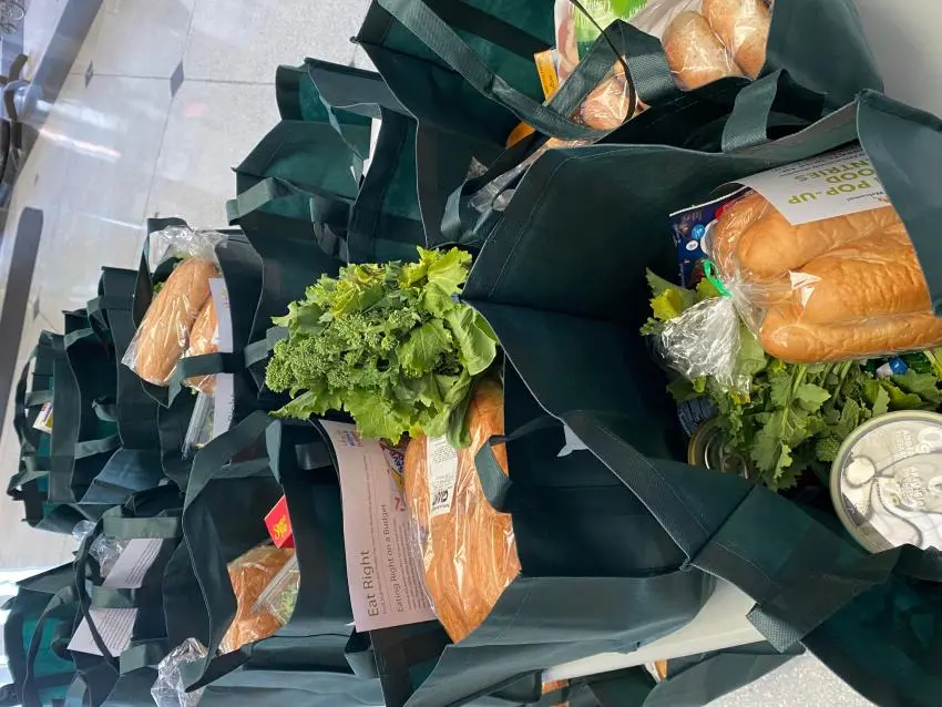 Many canvas bags of bread and other groceries