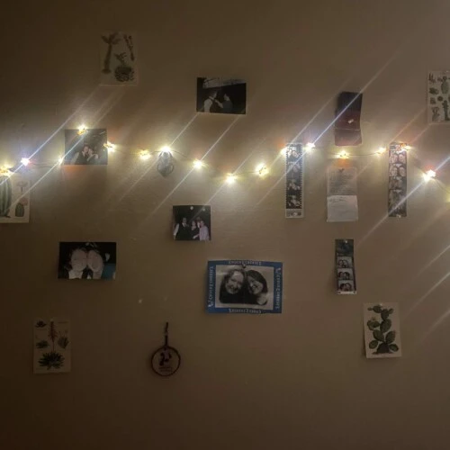 twinkle lights and photos on a wall