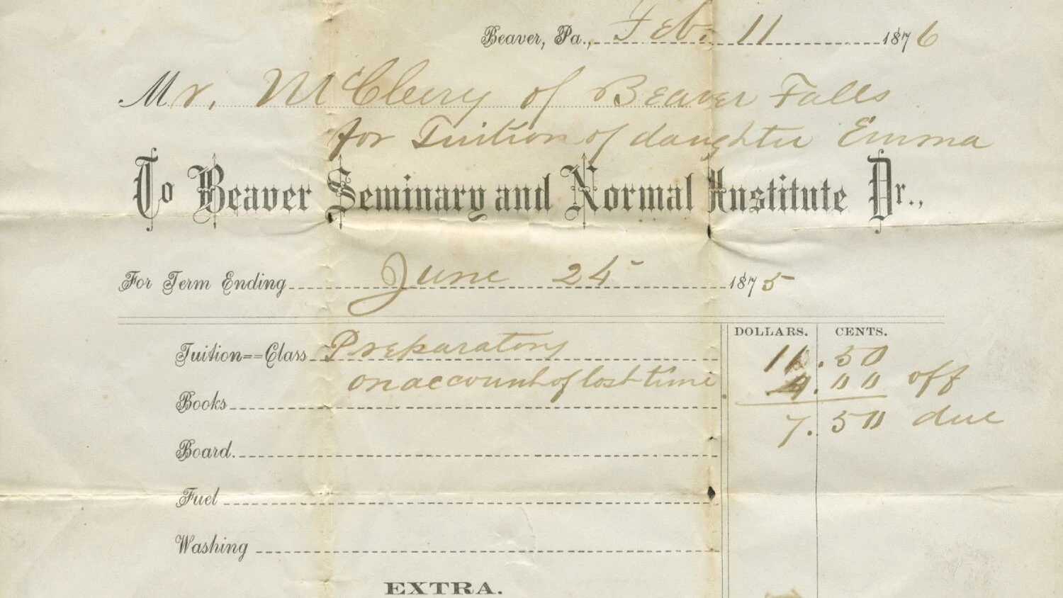 A Beaver College Seminary Bill document.