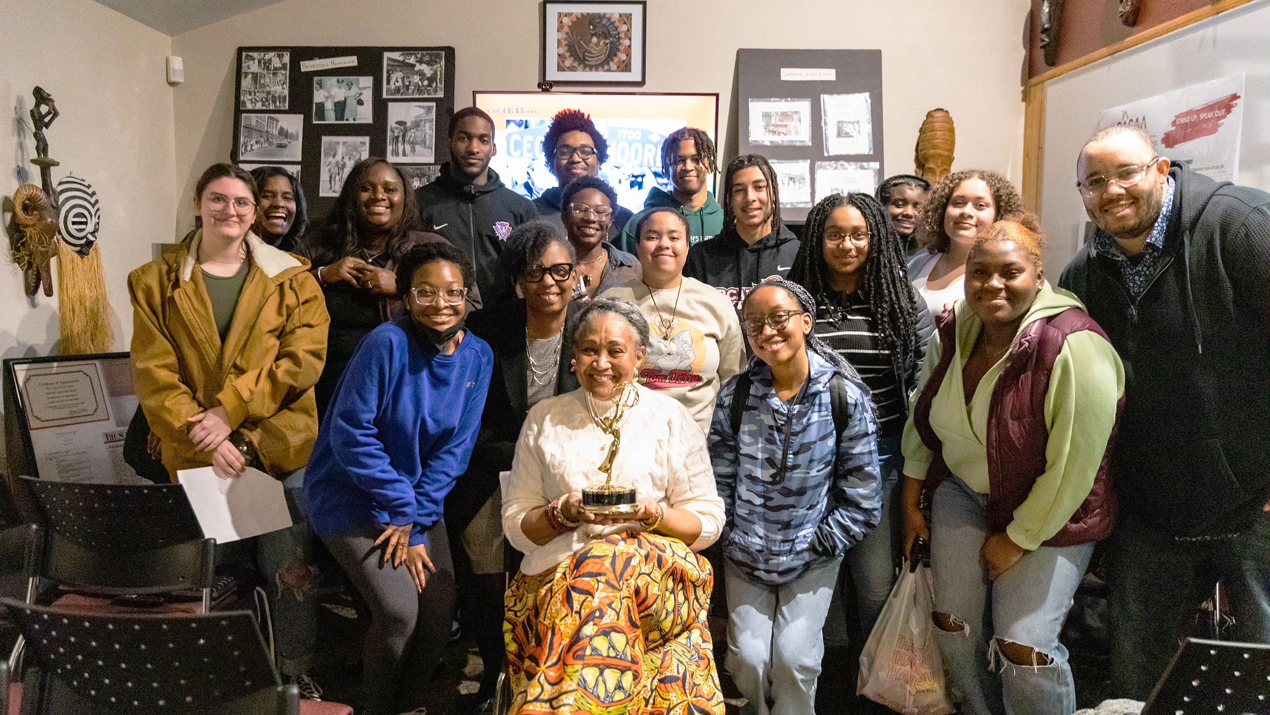 A group poses for Black History Month, Black Philadelphia Mini Lessons, CASAA, Emmy, Guest Speaker Bernyce Mills DeVaughn.