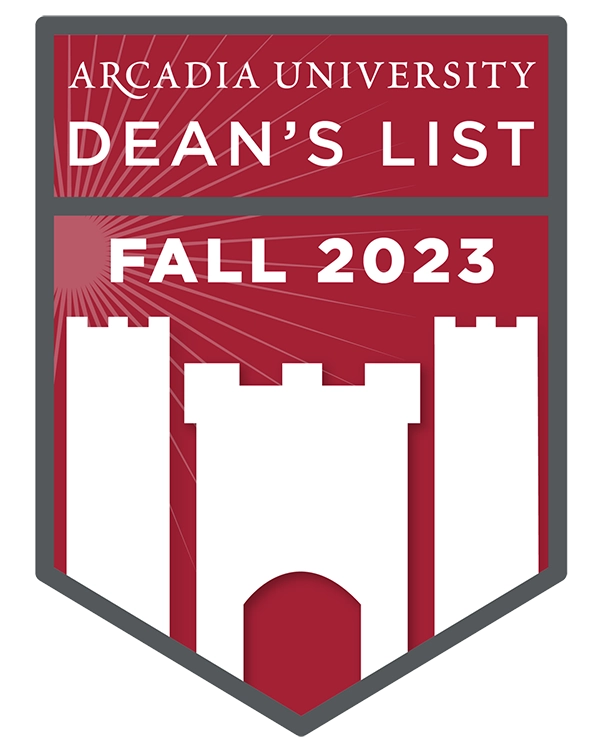 A red castle badge for the Arcadia University Dean's List for Fall 2023