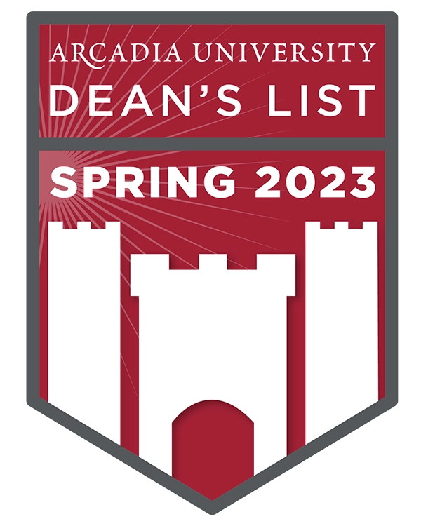 A red castle badge for the Arcadia University Dean's List for Spring 2023