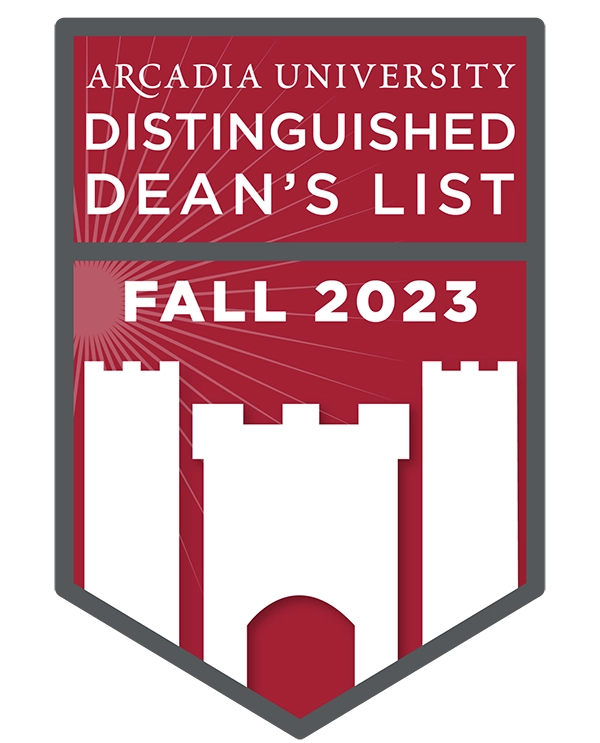 A red castle badge for the Arcadia University Distinguished Dean's List for Fall 2023