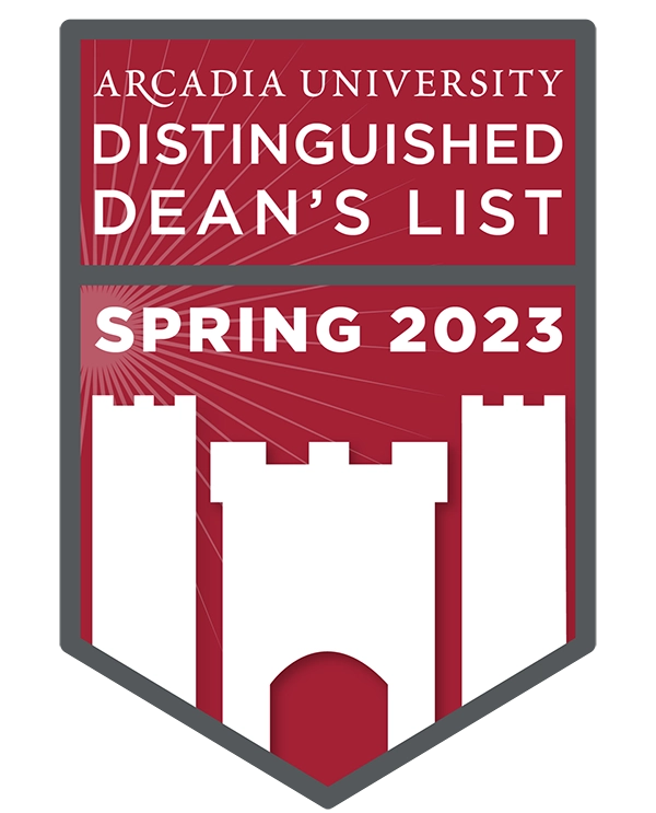 A red castle badge for the Arcadia University Distinguished Dean's List for Spring 2023