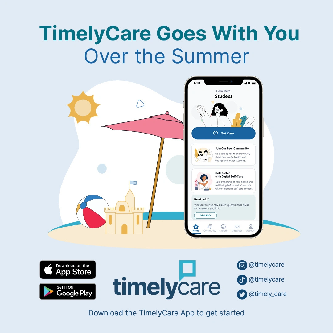 The TimelyCare goes with you over the summer app graphic with an umbrella and sun.