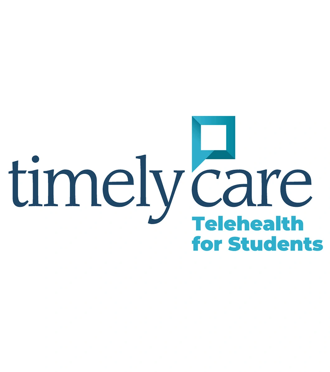 The timelyCare blue logo for telehealth for students