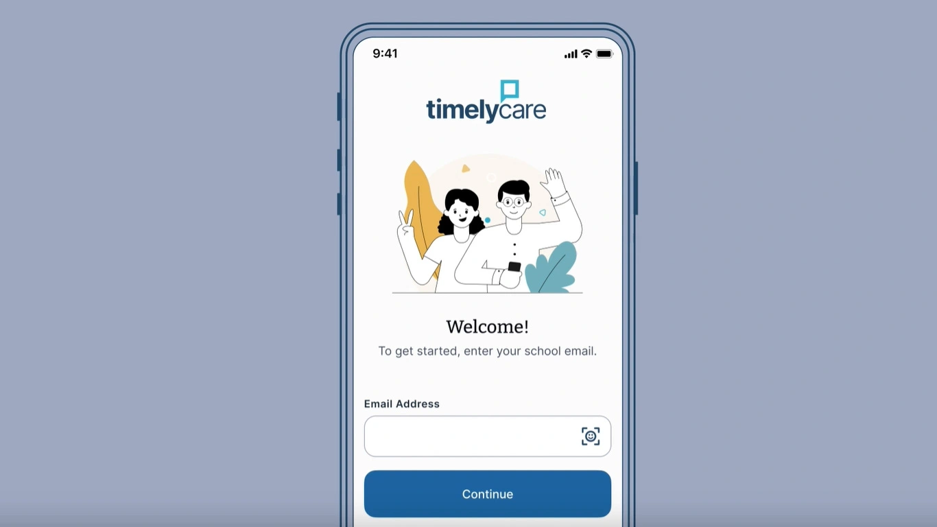 A screenshot of a cell phont with a timelycare welcome screen.