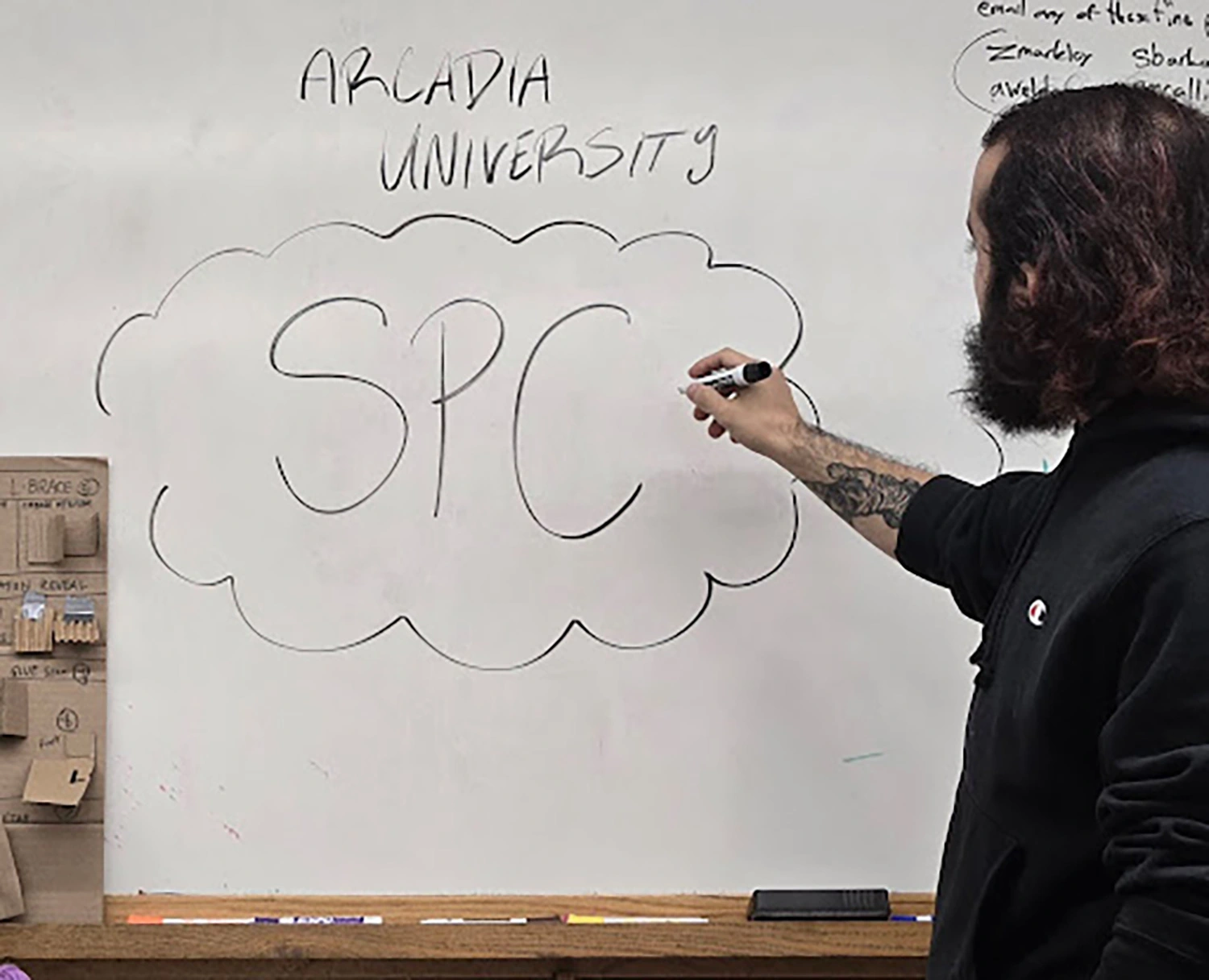 "Arcadia University SPC" written on a white board.