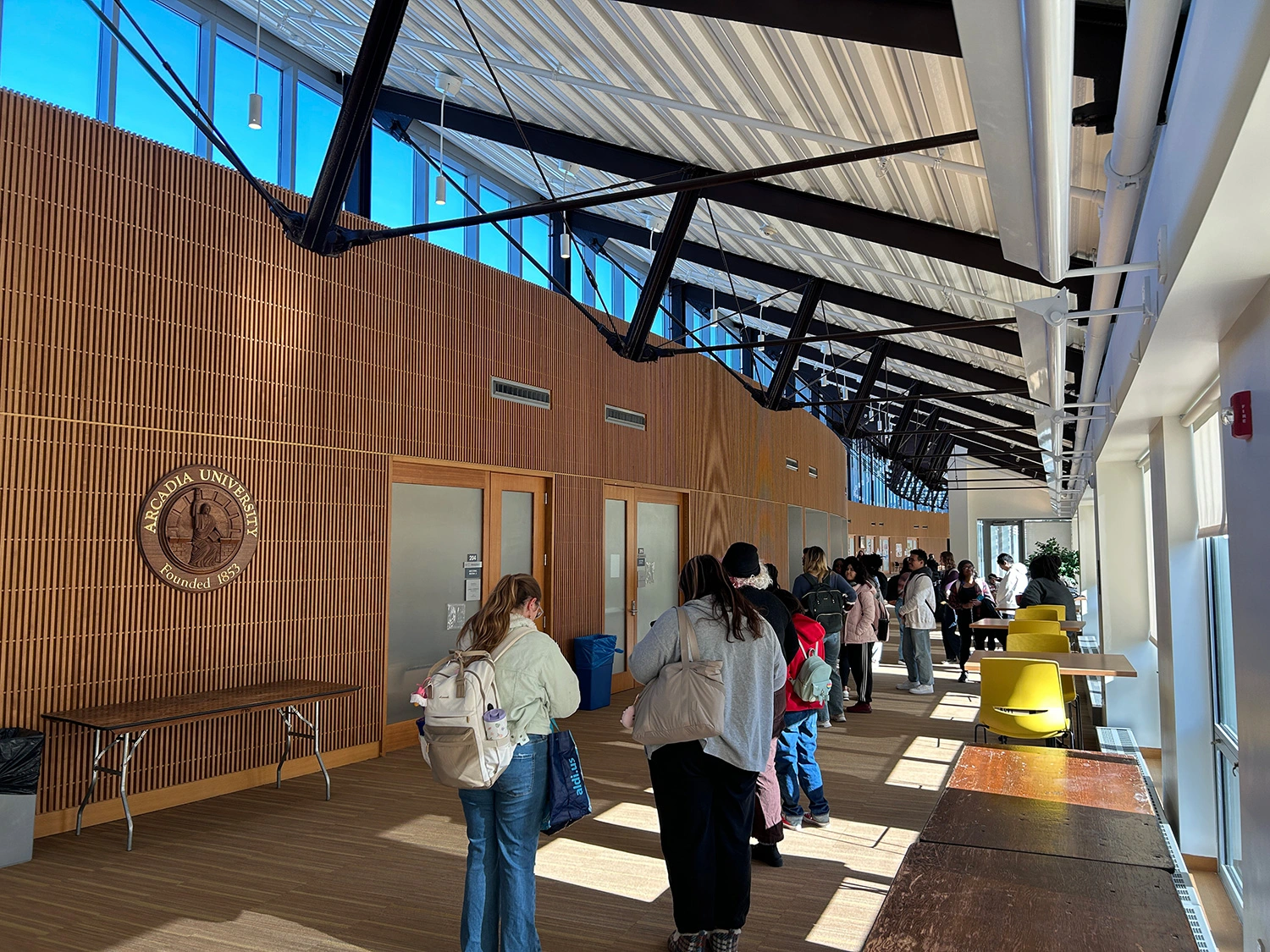 Students lined up outside the Pop-up Market in the Commons.