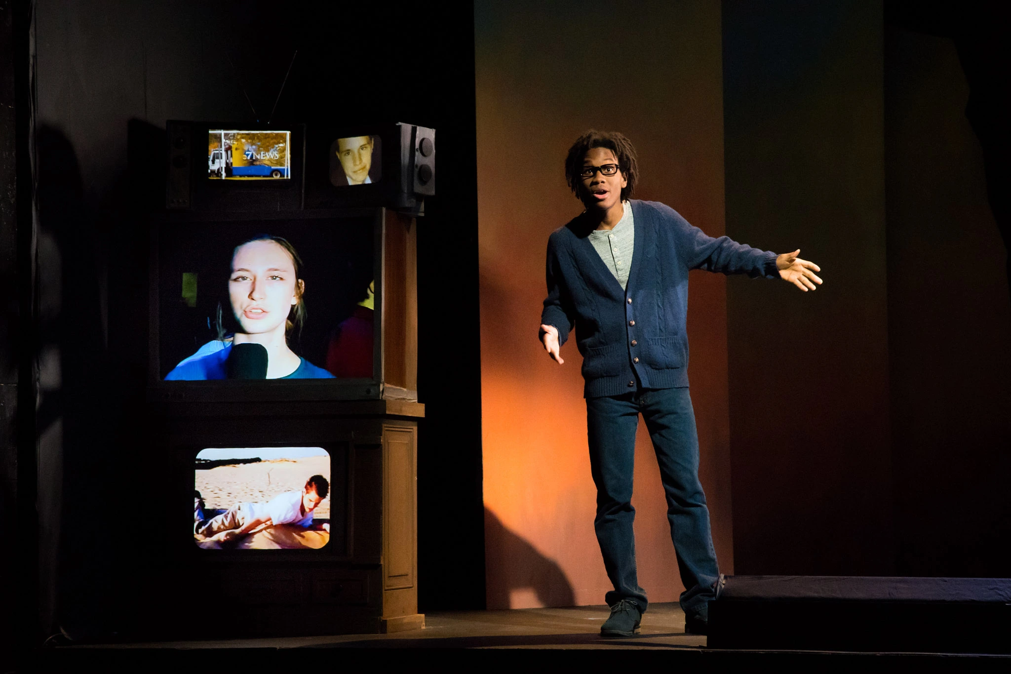 Two actors on stage for The Laramie Project play.