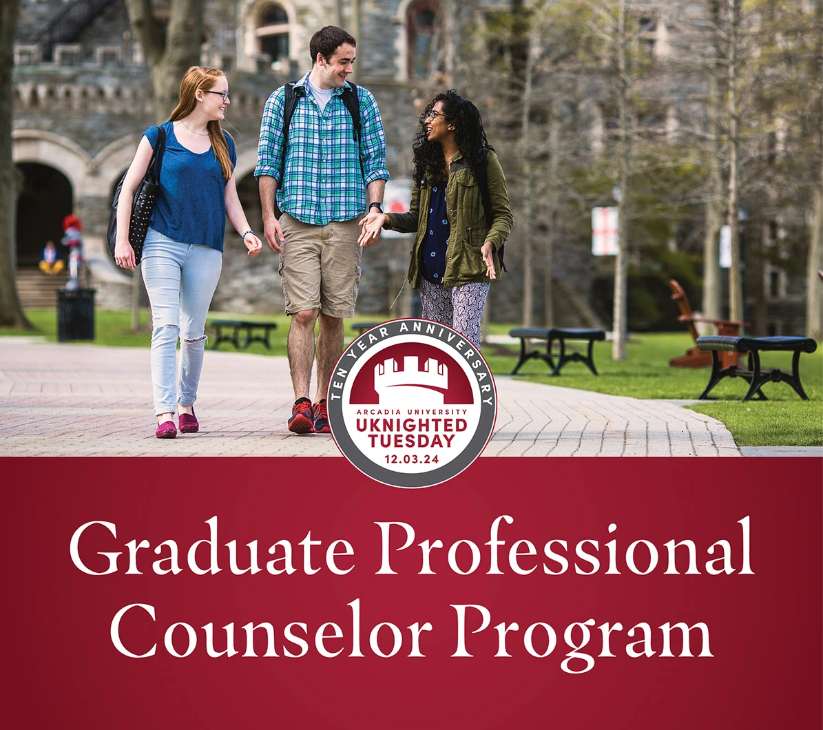 The UKnightedTuesday 2024 Graduate Professional Counselor Program featured fund shows students walking outdoors on campus.