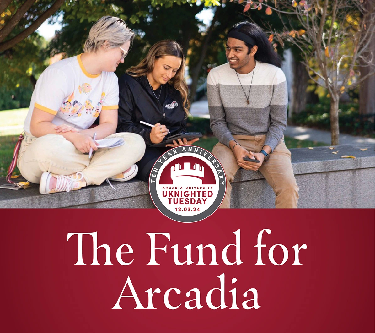 The UKnightedTuesday '24 featured Fund for Arcadia has students sitting on a marble ledge.