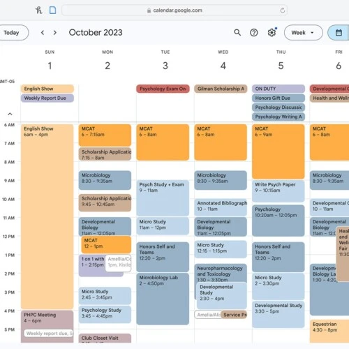 Amellia McGuire-Matheny's ’25 Google calendar.