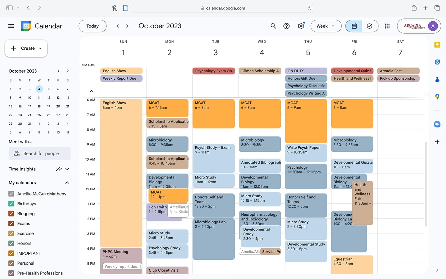 Amellia McGuire-Matheny's ’25 Google calendar.