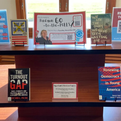 Election related books on display in Landman Library.