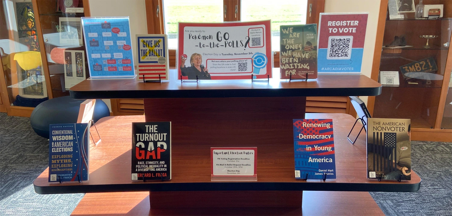 Election related books on display in Landman Library.