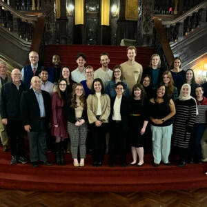 The Forensic Science class standing on the steps in the castle.