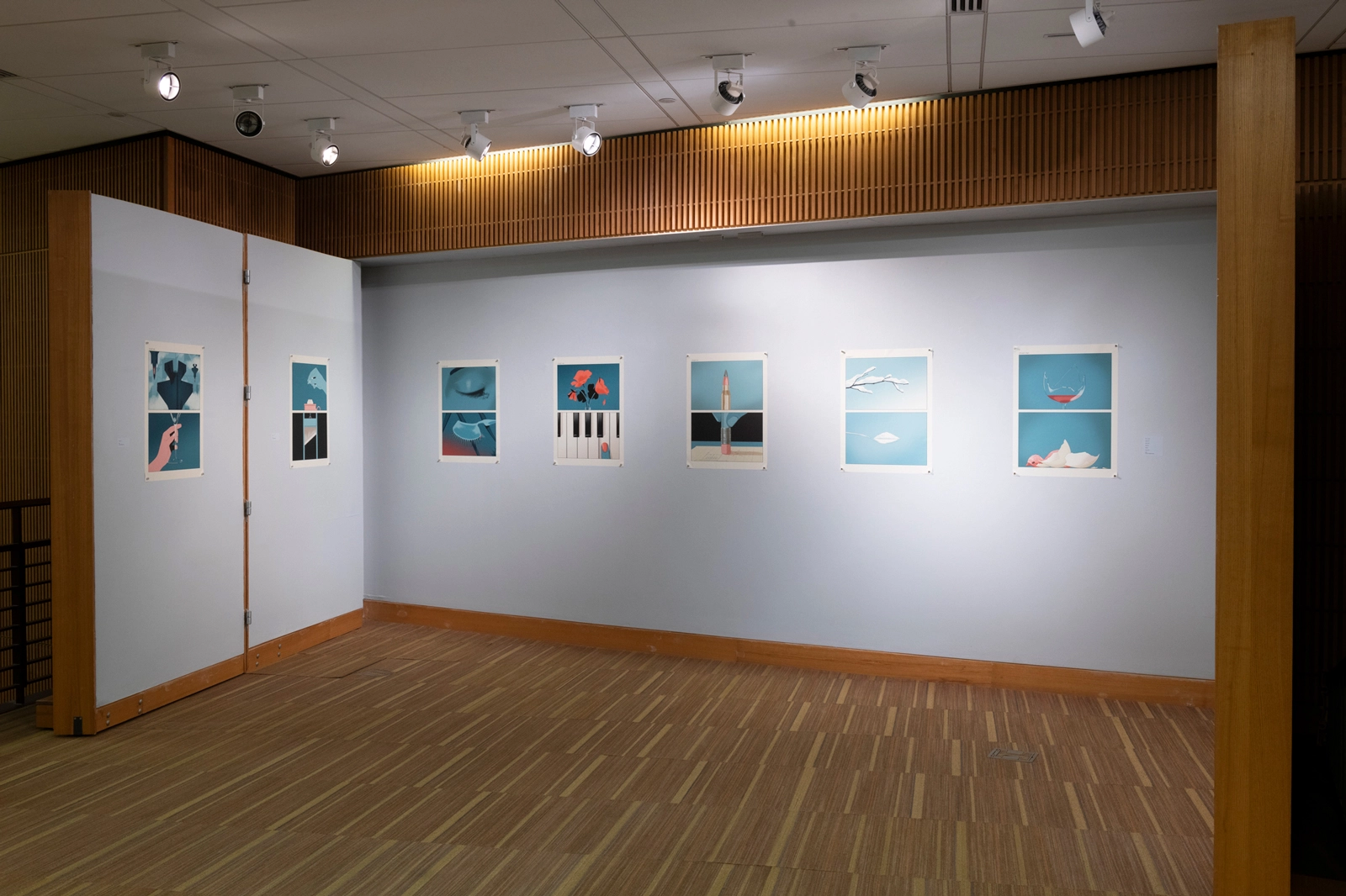 Installation view of "No Particular Order: Illustrations by Anuj Shrestha