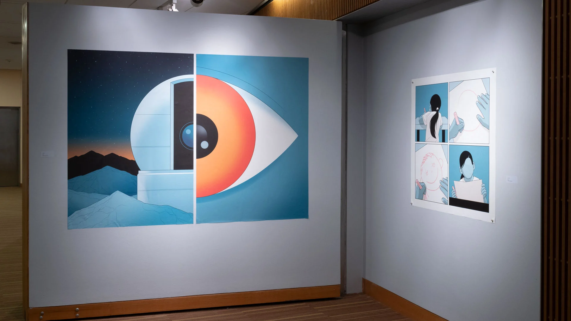 Installation view of "No Particular Order: Illustrations by Anuj Shrestha"